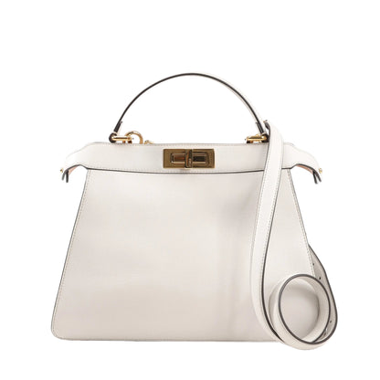 Front view of a Fendi Peekaboo Medium 8BN321 handbag in light gray leather, featuring a structured silhouette, gold-tone turn-lock closure, top handle, and detachable shoulder strap.