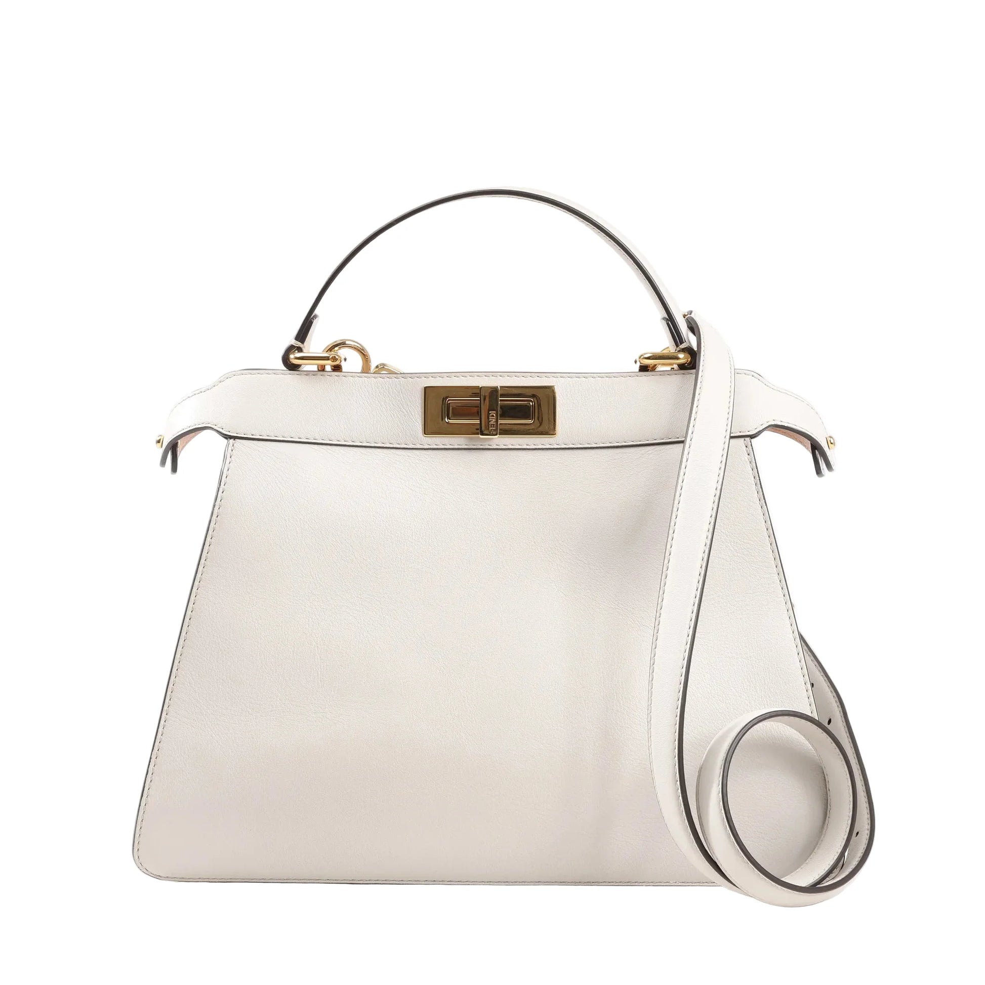 Front view of a Fendi Peekaboo Medium 8BN321 handbag in light gray leather, featuring a structured silhouette, gold-tone turn-lock closure, top handle, and detachable shoulder strap.