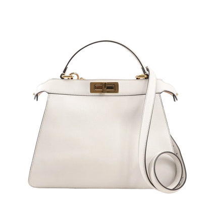 Front view of a Fendi Peekaboo Medium 8BN321 handbag in light gray leather, featuring a structured silhouette, gold-tone turn-lock closure, top handle, and detachable shoulder strap.