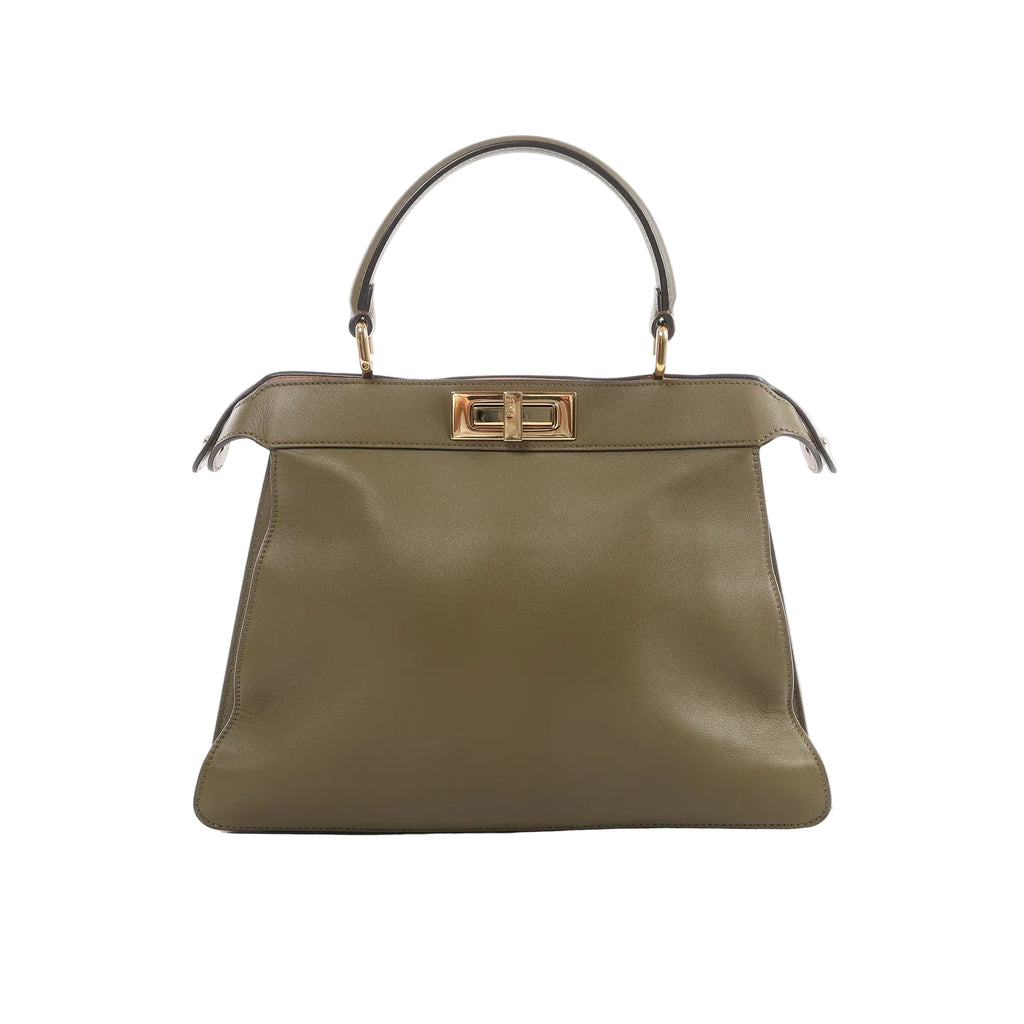 Fendi Peekaboo ISeeU Medium handbag in olive green leather with top handle and gold-tone turn-lock closure on white background