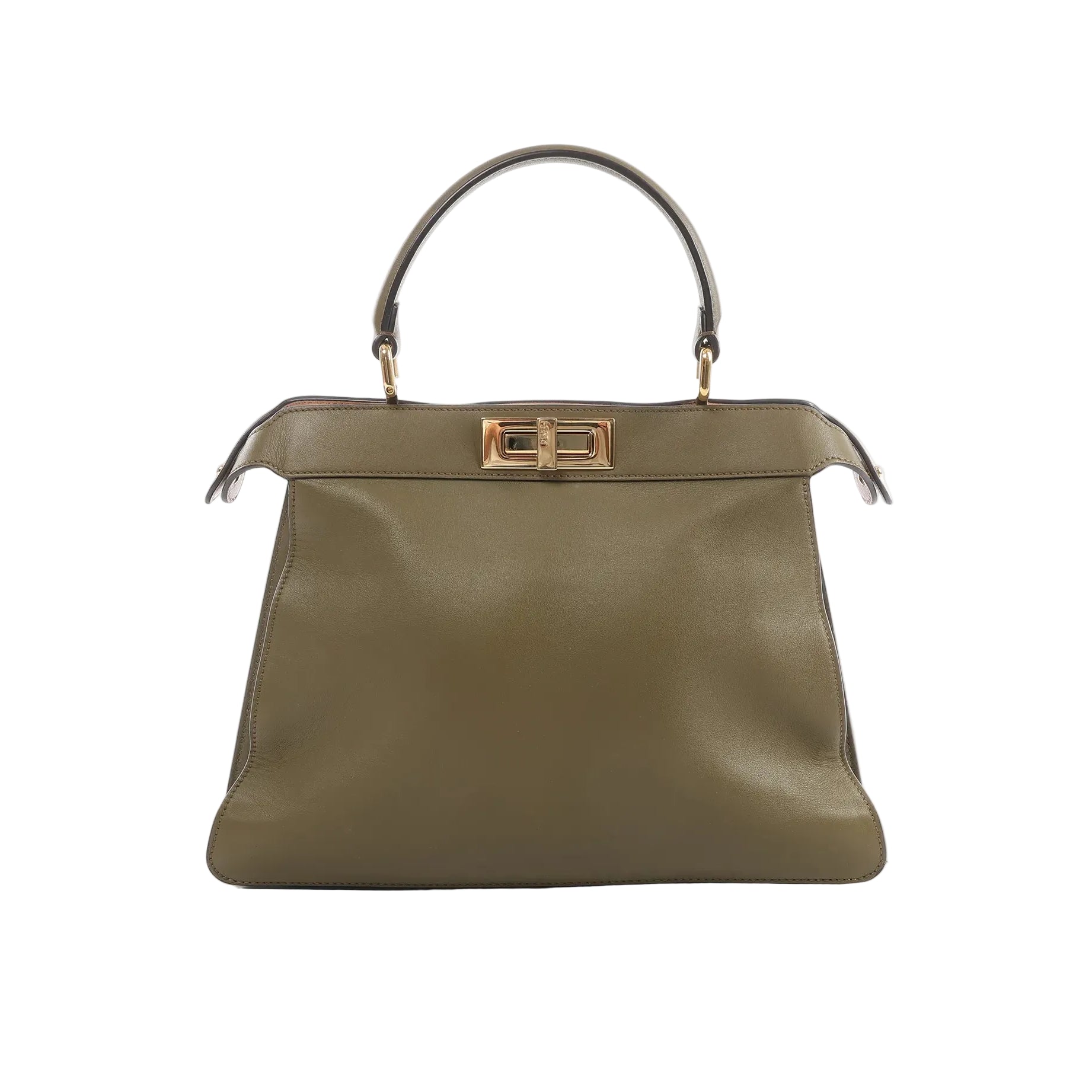 Fendi Peekaboo ISeeU Medium handbag in olive green leather with top handle and gold-tone turn-lock closure on white background