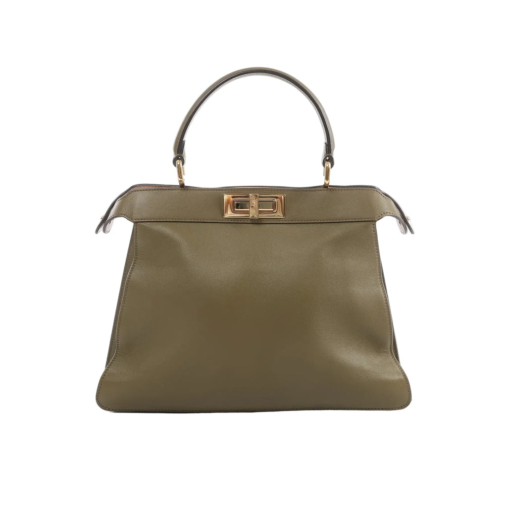 Fendi Peekaboo ISeeU Medium handbag in olive green leather with top handle and gold-tone turn-lock closure on white background