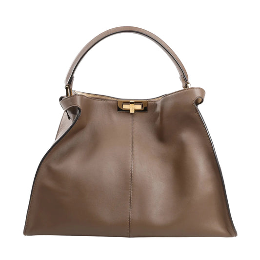 Fendi Peekaboo X-light Large handbag in smooth brown leather with top handle, structured shape, and signature gold-tone turn-lock closure, shown on a white background.