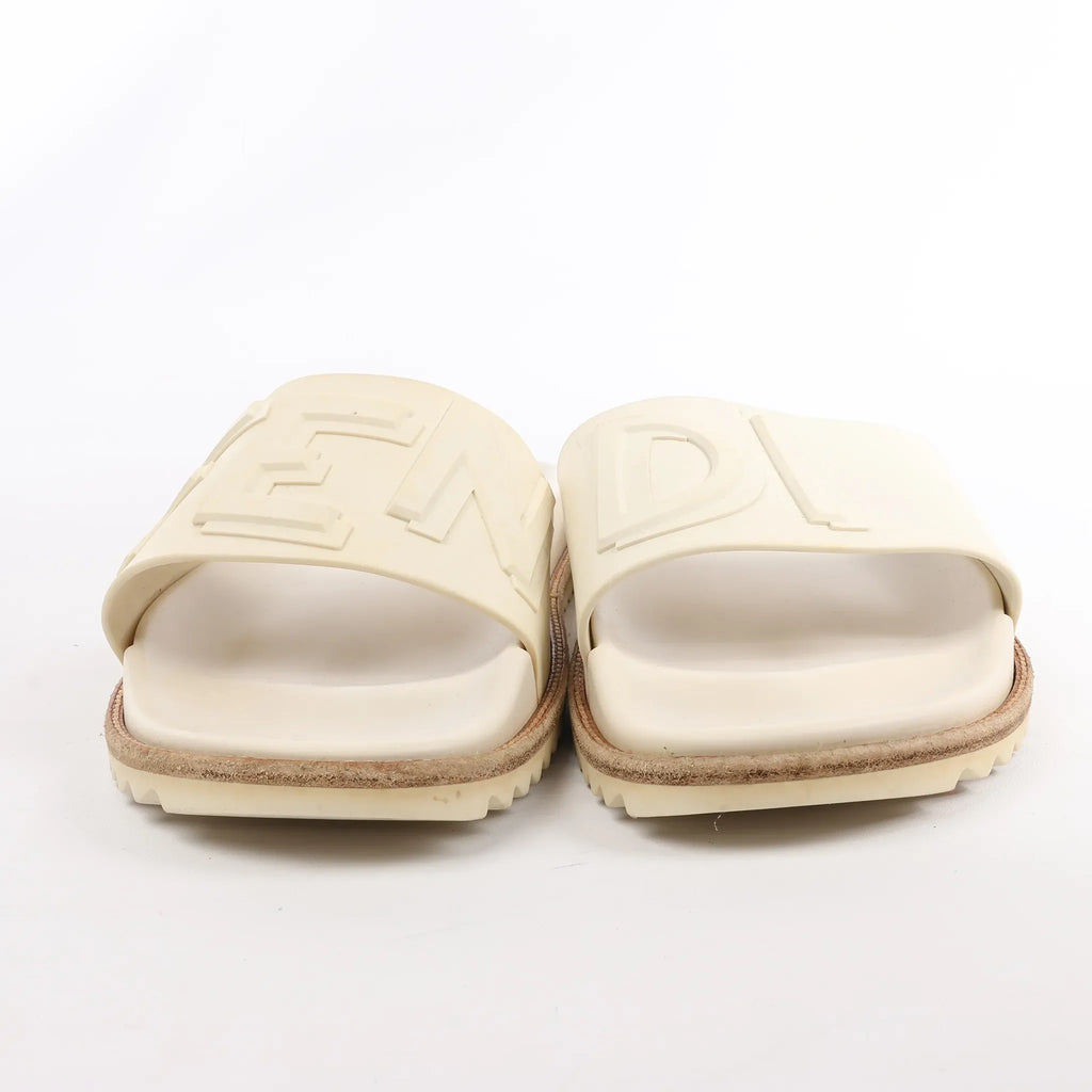 Fendi Rubber Slide Sandals in Ecru, Size 46 EU