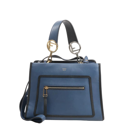 Fendi Runaway 8BH344 2Way handbag in blue leather with black trim, front zip pocket, gold and silver “F” top handle hardware, and shoulder strap.