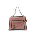 Fendi Runaway pink leather handbag with black trim, front zip pocket, top handle, detachable shoulder strap, and gold-tone hardware