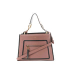 Fendi Runaway pink leather handbag with black trim, front zip pocket, top handle, detachable shoulder strap, and gold-tone hardware
