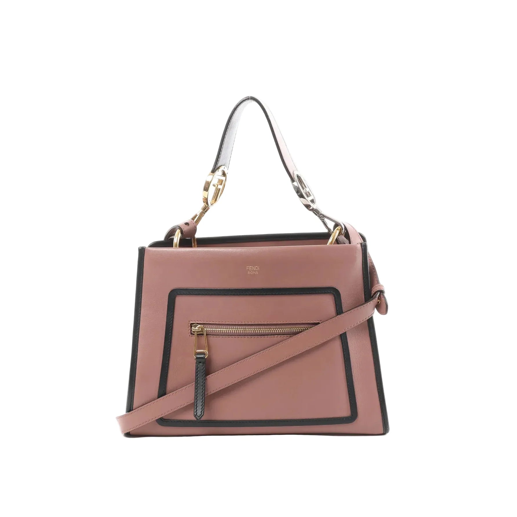 Fendi Runaway pink leather handbag with black trim, front zip pocket, top handle, detachable shoulder strap, and gold-tone hardware