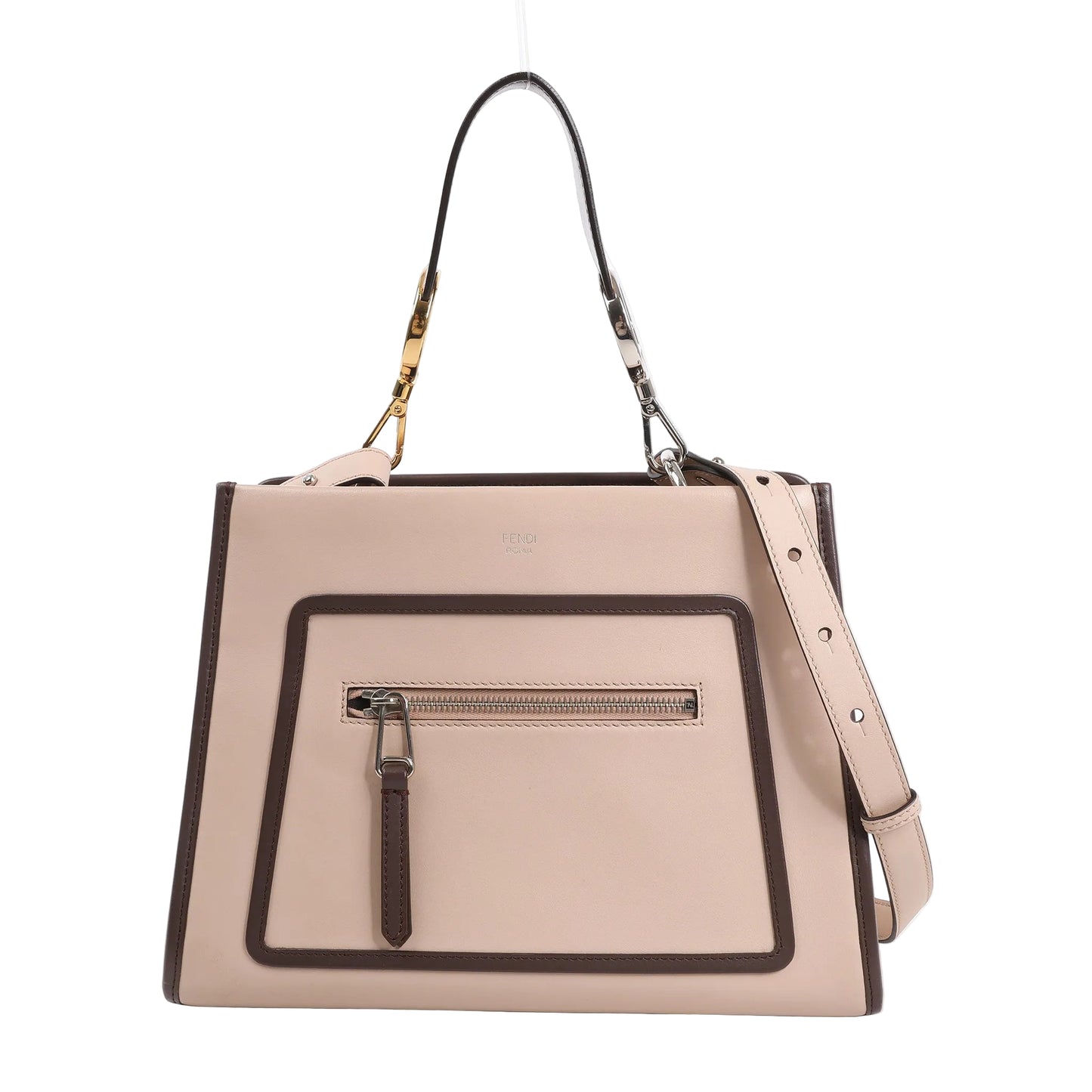 Fendi Runaway Leather 2Way Handbag in powder beige with dark brown trim, featuring a front zip pocket, structured silhouette, and detachable shoulder strap, shown against a white background.