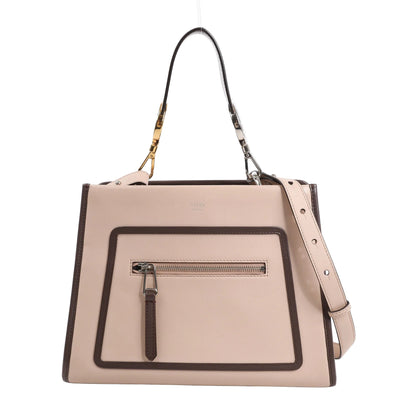 Fendi Runaway Leather 2Way Handbag in powder beige with dark brown trim, featuring a front zip pocket, structured silhouette, and detachable shoulder strap, shown against a white background.