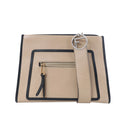 Beige Fendi Runaway leather handbag with black trim, front zip pocket, wide leather strap and large silver-tone F ring hardware on a white background.