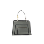 Fendi Runaway handbag in muted green leather with black trim, front zip pocket, and a clear top handle strap with metal hardware on a white background.