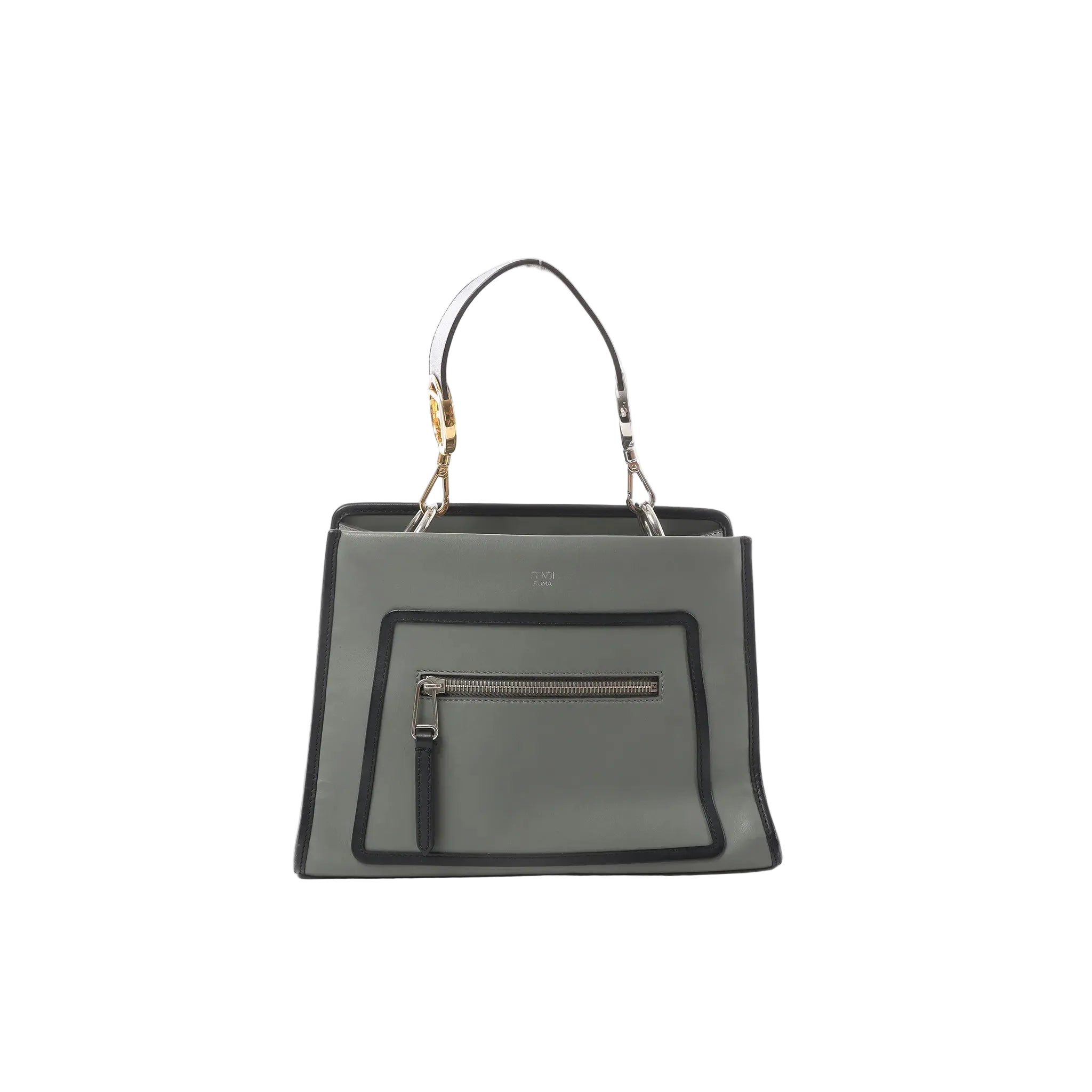 Fendi Runaway handbag in muted green leather with black trim, front zip pocket, and a clear top handle strap with metal hardware on a white background.