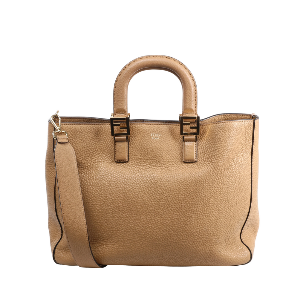 Brown Fendi Selleria FF Medium grainy leather handbag with double top handles, wide shoulder strap, gold-tone FF hardware and Fendi Roma logo.