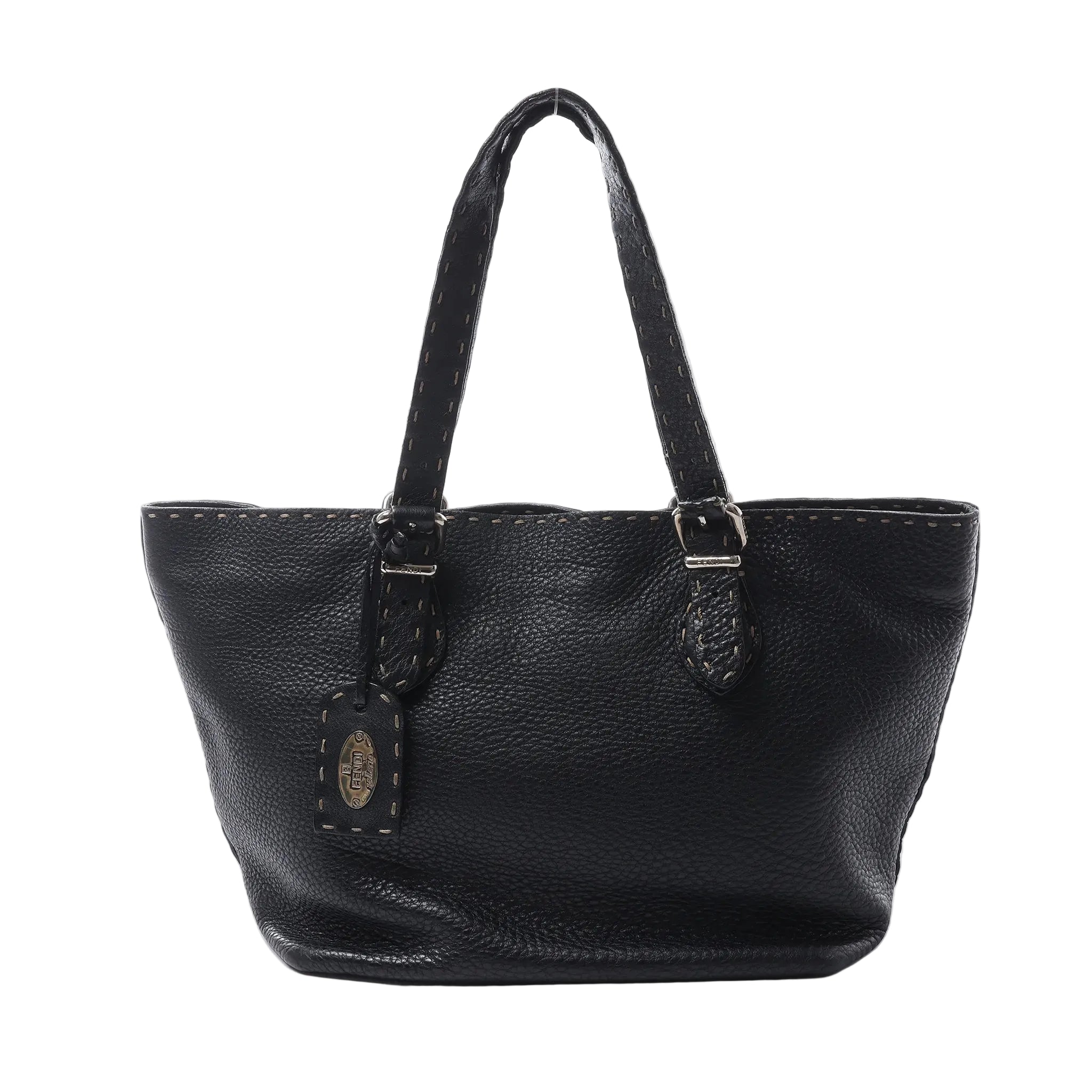 Black Fendi Selleria leather tote with pebbled texture, contrast stitching, dual handles and silver-tone buckles.