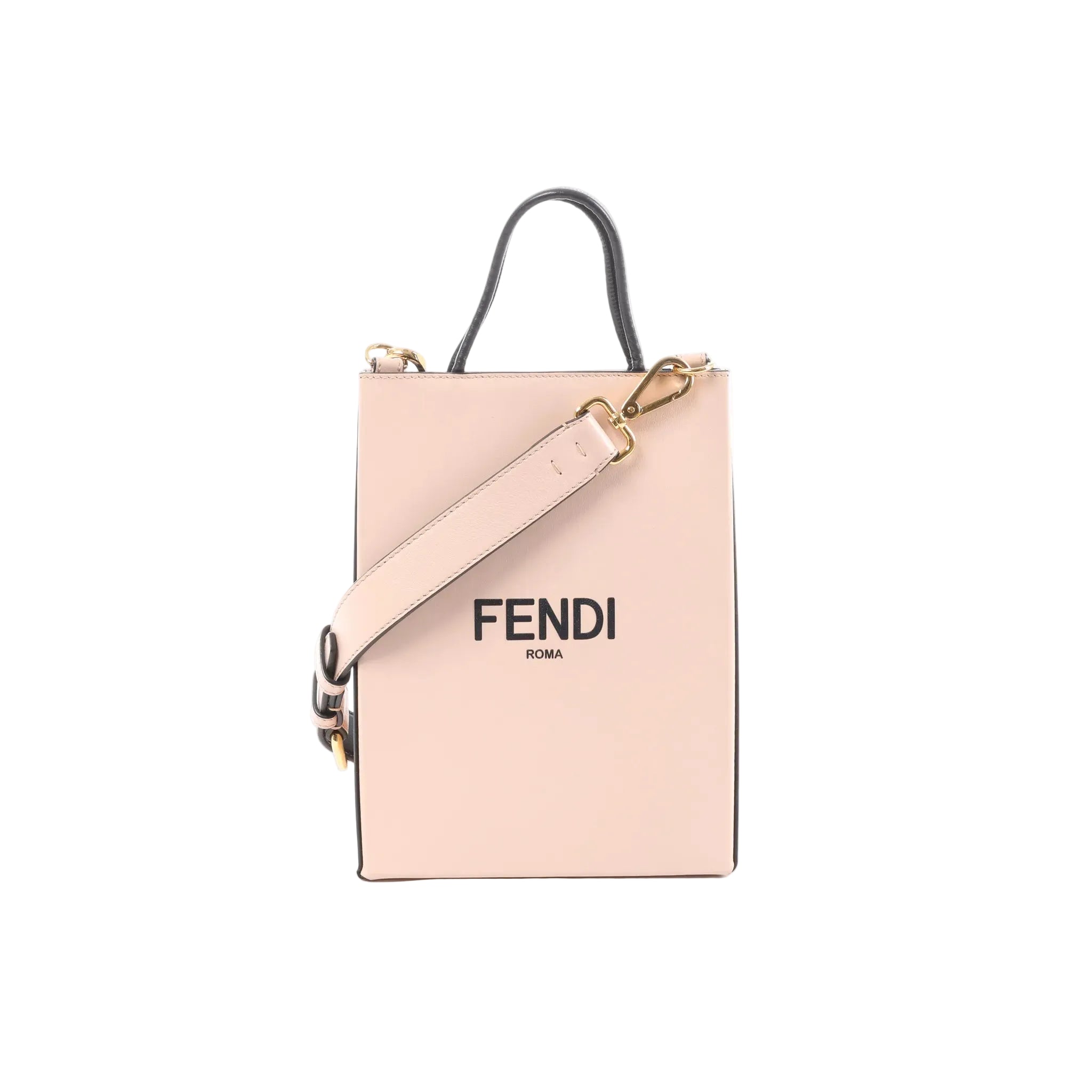 Pink Fendi leather Shopping Bag M mini tote with black top handle, gold-tone hardware, wide detachable strap, and “FENDI ROMA” logo on front.