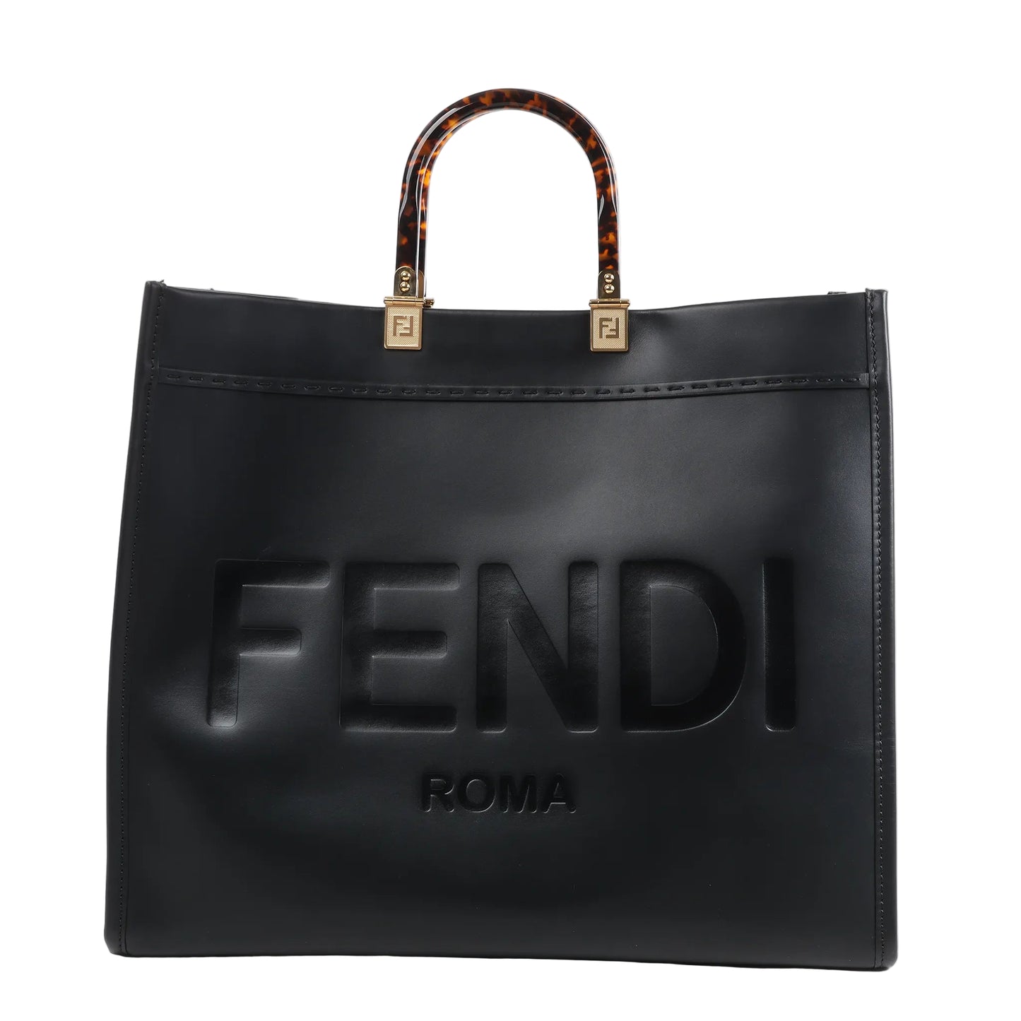 Fendi Sunshine Large Leather Handbag 8BH372 in black with embossed FENDI ROMA logo on the front, structured silhouette, and tortoiseshell-effect top handles with gold-tone Fendi logo hardware, displayed upright against a white background.