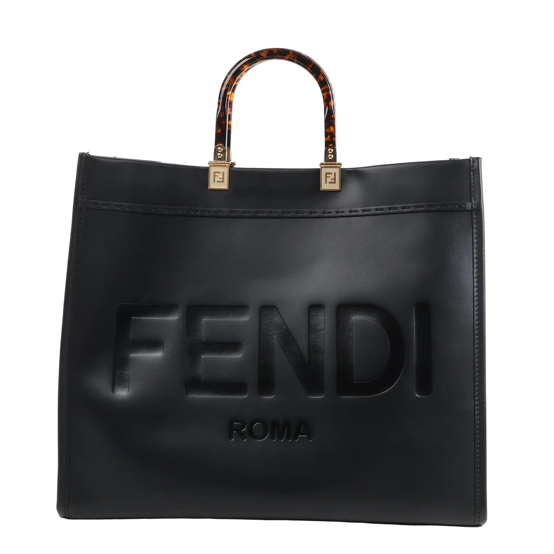 Fendi Sunshine Large Leather Handbag 8BH372 in black with embossed FENDI ROMA logo on the front, structured silhouette, and tortoiseshell-effect top handles with gold-tone Fendi logo hardware, displayed upright against a white background.