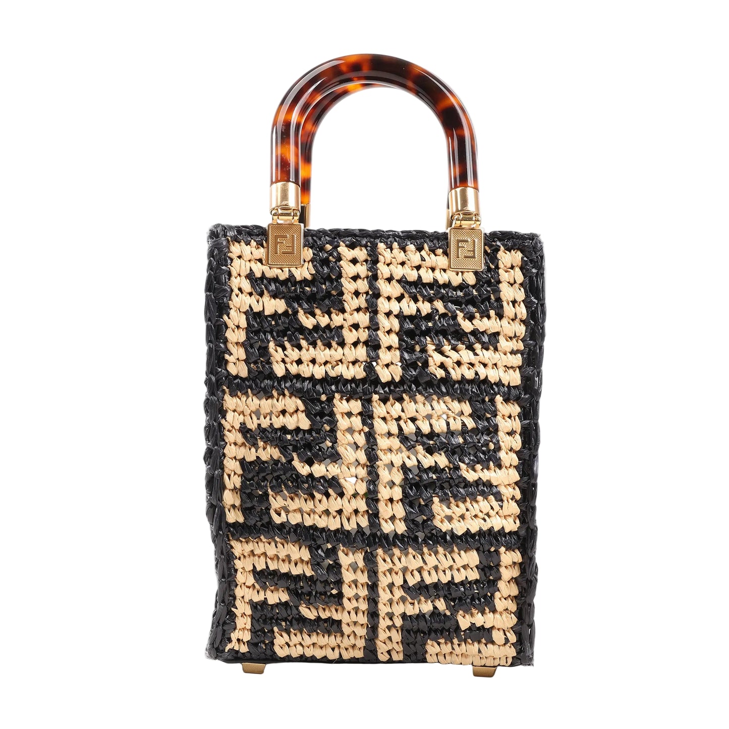 Fendi Mon Sunshine Shopper Small Bag in black and beige woven raffia with FF logo, tortoiseshell top handles, and gold-tone hardware. Model 8BS051.