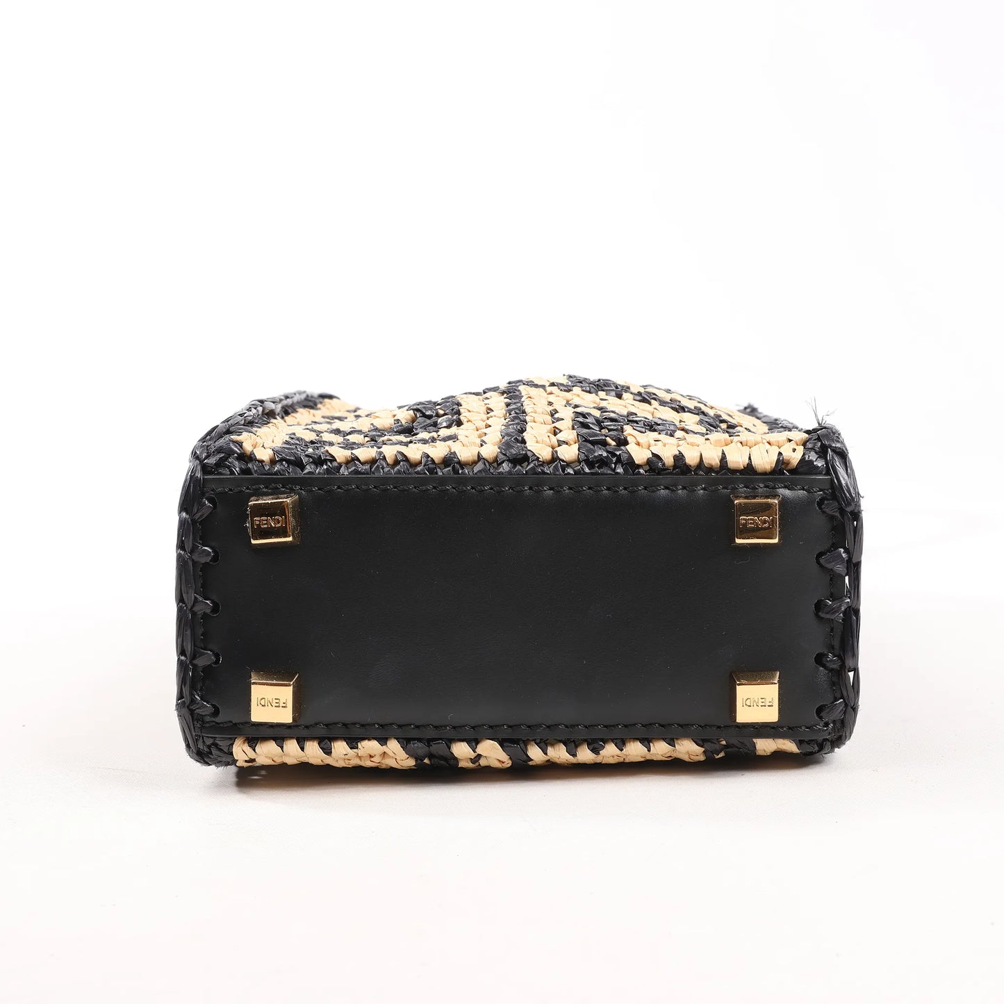 Fendi Mon Sunshine Shopper Zucchino Small Raffia x Leather 2Way Handbag in Black x Beige 8BS051