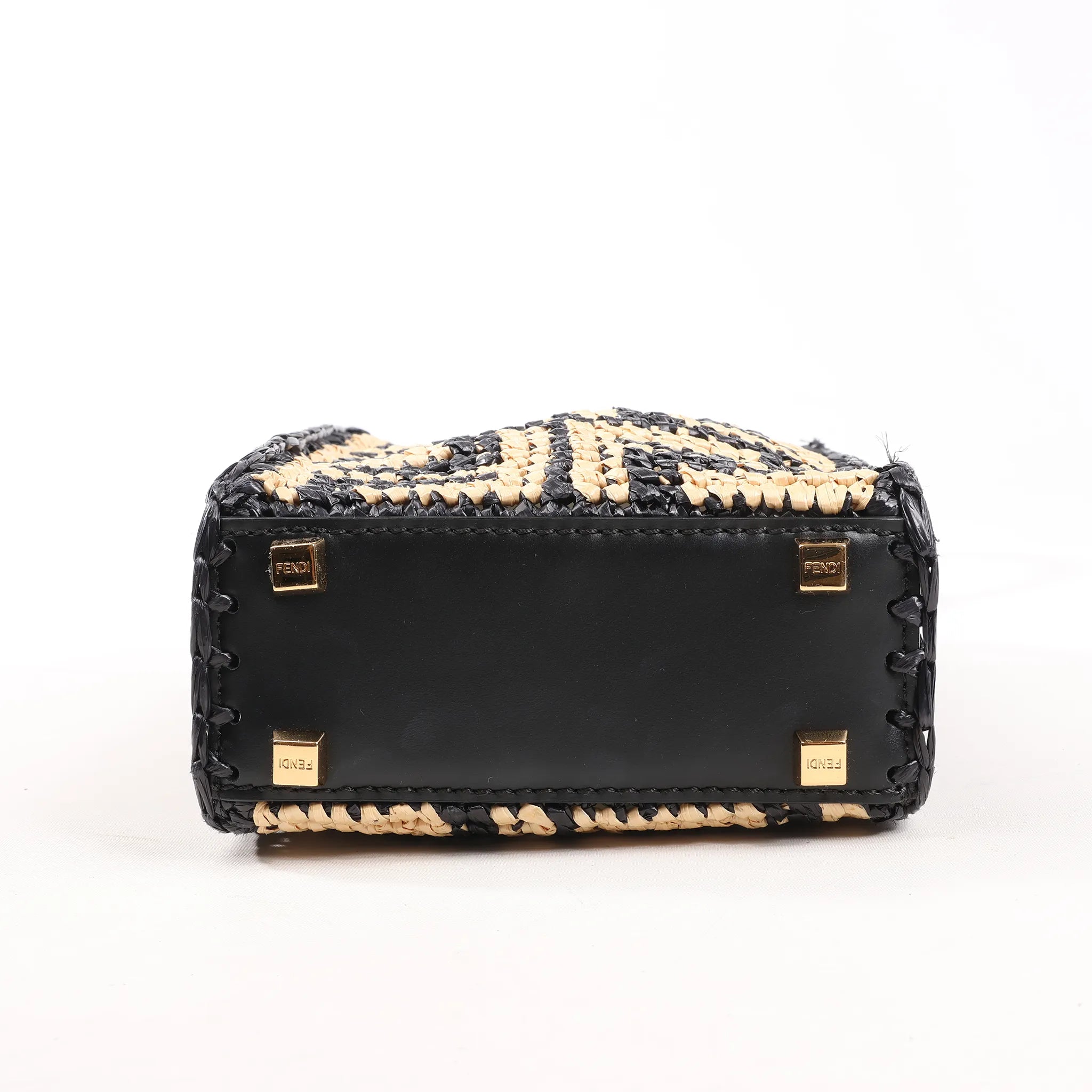 Fendi Mon Sunshine Shopper Zucchino Small Raffia x Leather 2Way Handbag in Black x Beige 8BS051