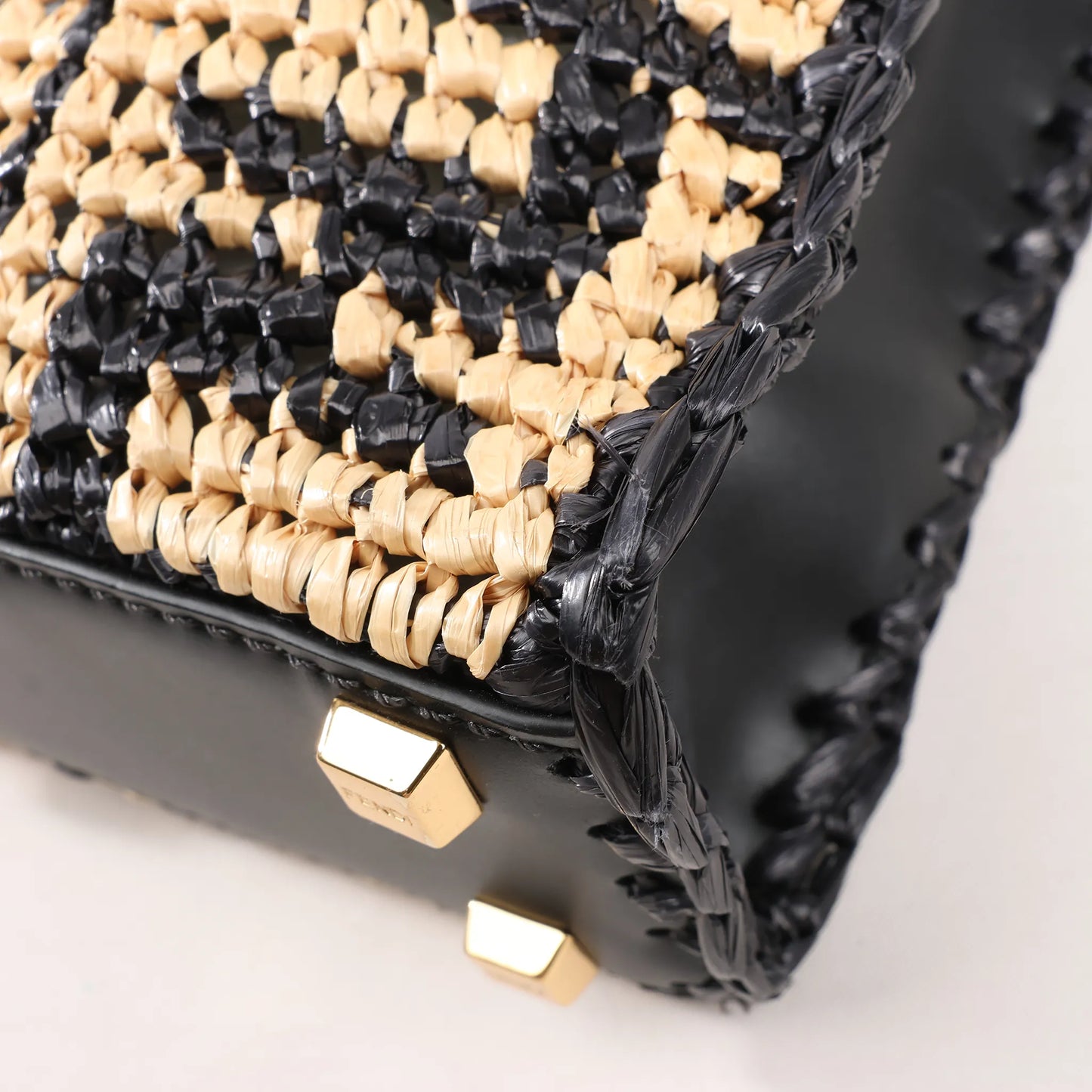 Fendi Mon Sunshine Shopper Zucchino Small Raffia x Leather 2Way Handbag in Black x Beige 8BS051