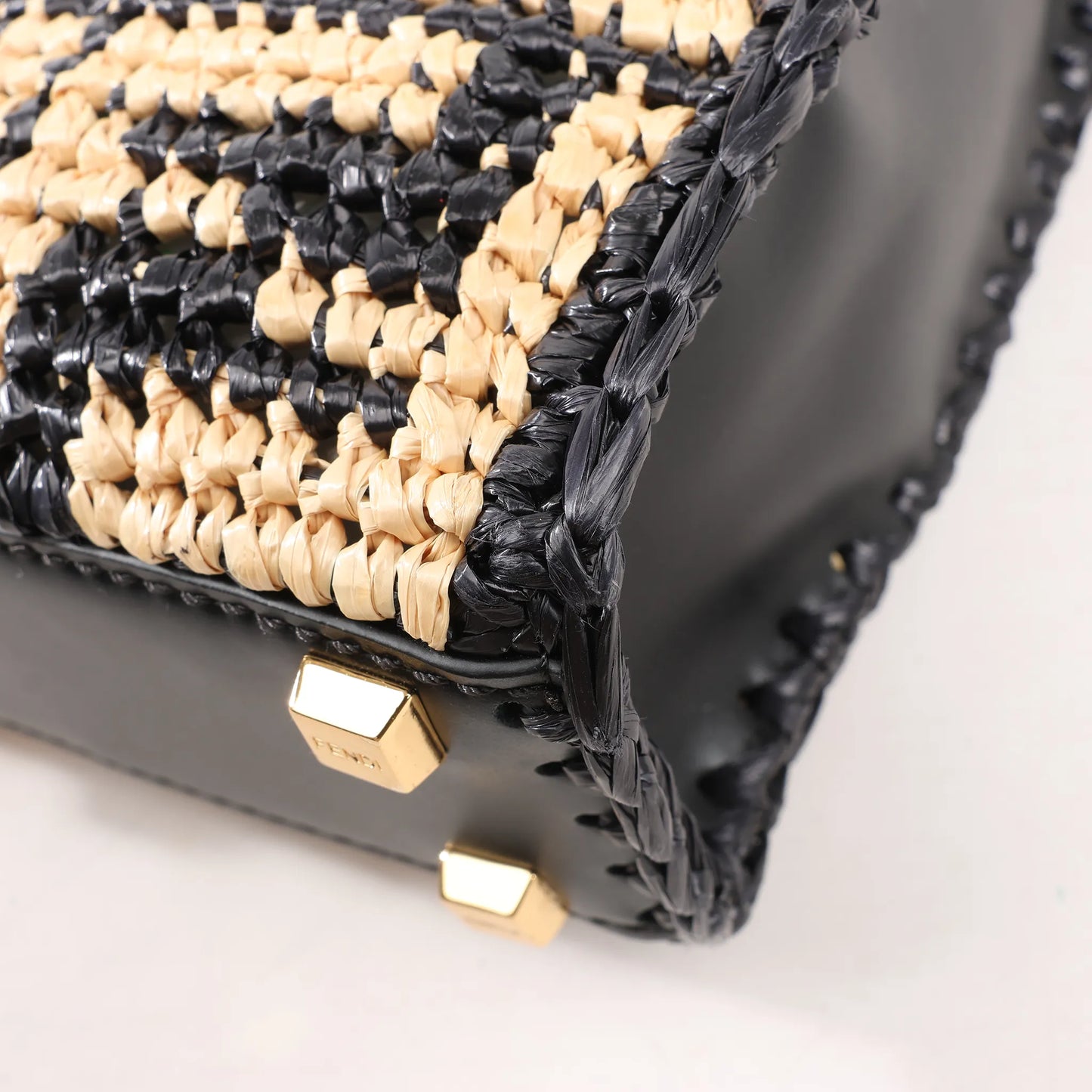 Fendi Mon Sunshine Shopper Zucchino Small Raffia x Leather 2Way Handbag in Black x Beige 8BS051