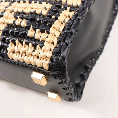 Fendi Mon Sunshine Shopper Zucchino Small Raffia x Leather 2Way Handbag in Black x Beige 8BS051