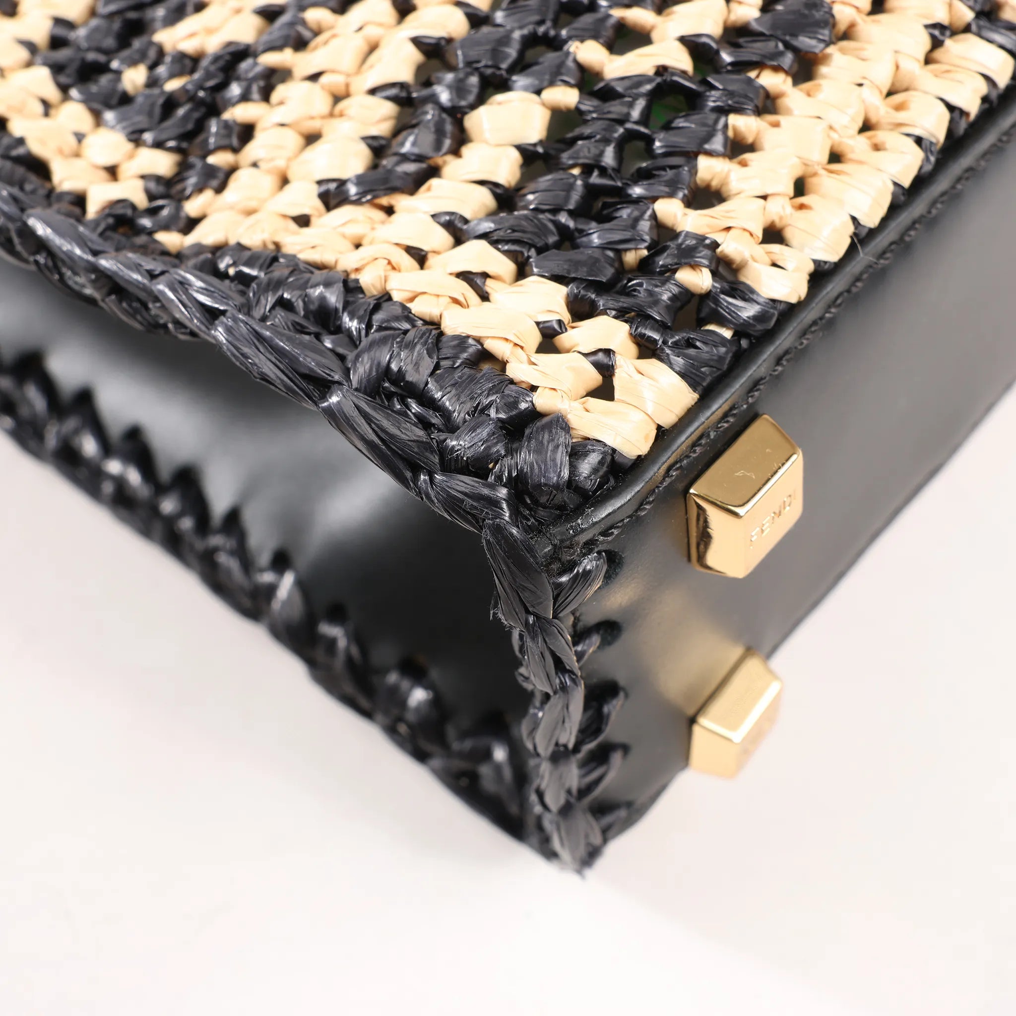 Fendi Mon Sunshine Shopper Zucchino Small Raffia x Leather 2Way Handbag in Black x Beige 8BS051