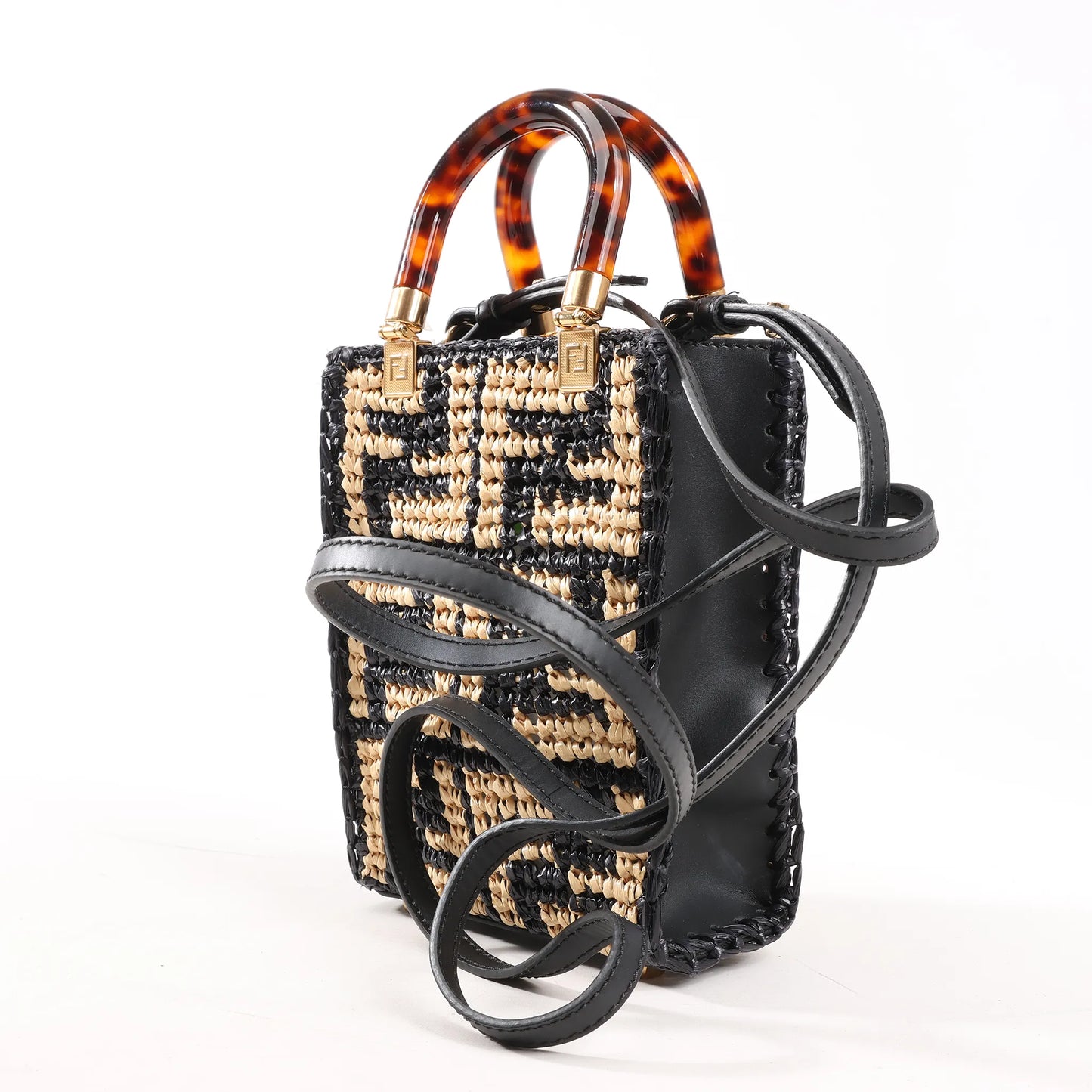 Fendi Mon Sunshine Shopper Zucchino Kleine 2-Wege-Handtasche aus Raffia und Leder in Schwarz und Beige 8BS051