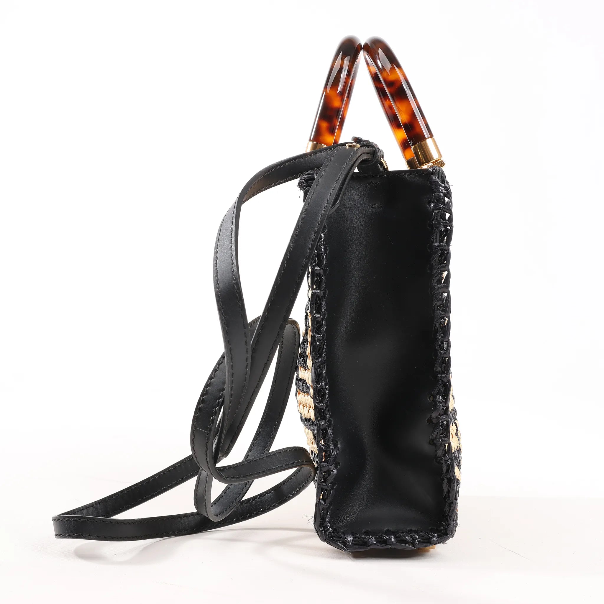 Fendi Mon Sunshine Shopper Zucchino Small Raffia x Leather 2Way Handbag in Black x Beige 8BS051