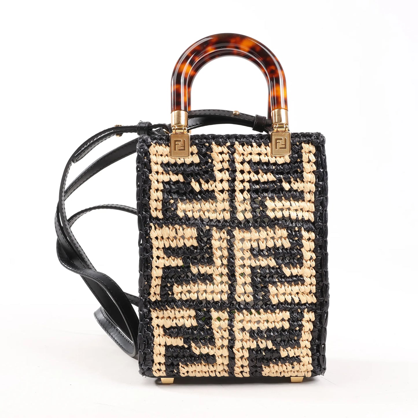 Fendi Mon Sunshine Shopper Zucchino Kleine 2-Wege-Handtasche aus Raffia und Leder in Schwarz und Beige 8BS051