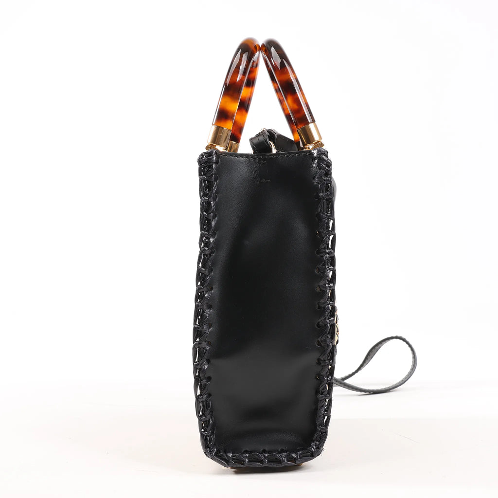 Fendi Mon Sunshine Shopper Zucchino Small Raffia x Leather 2Way Handbag in Black x Beige 8BS051
