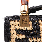 Fendi Mon Sunshine Shopper Zucchino Small Raffia x Leather 2Way Handbag in Black x Beige 8BS051