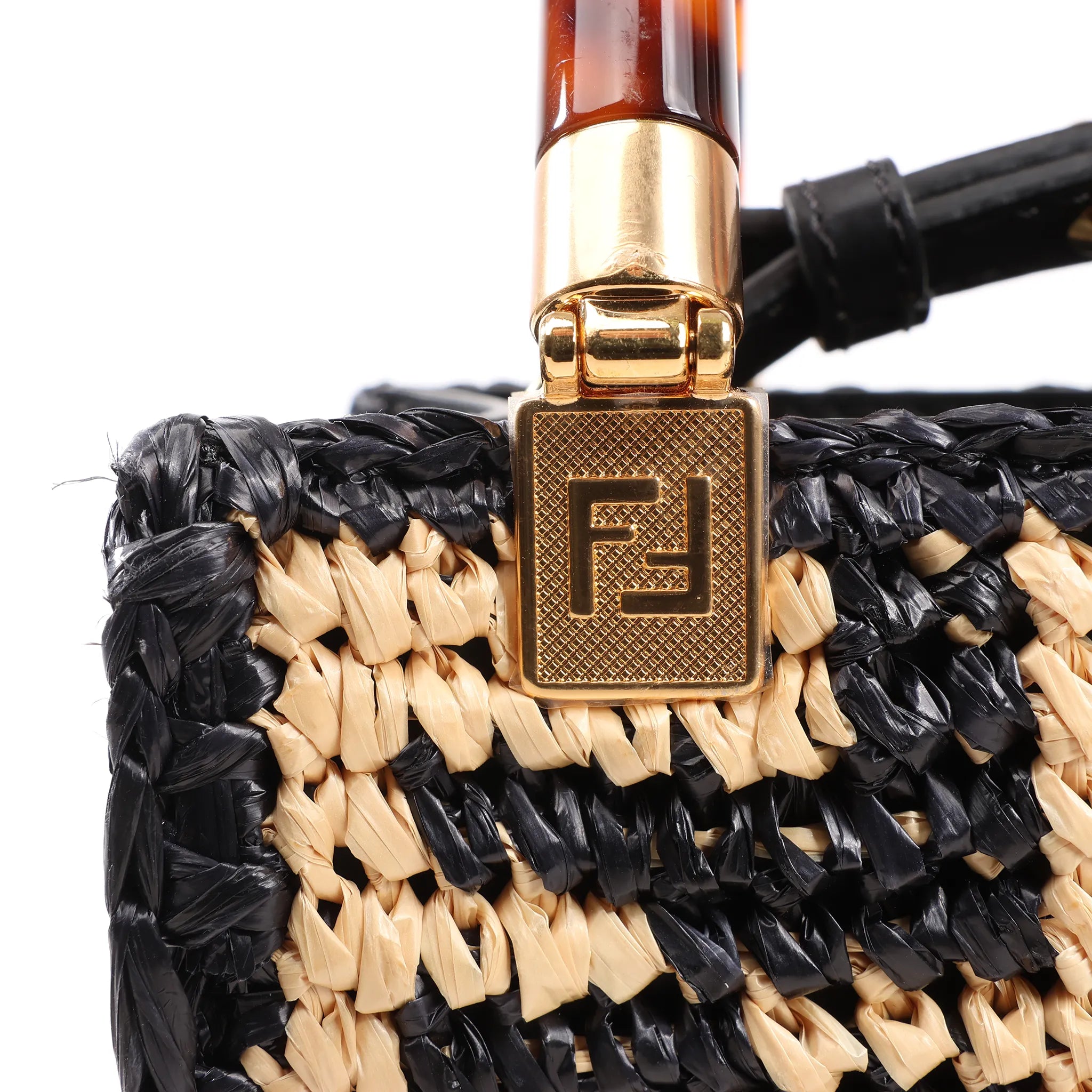 Fendi Mon Sunshine Shopper Zucchino Small Raffia x Leather 2Way Handbag in Black x Beige 8BS051