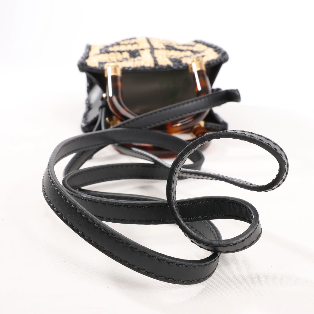 Fendi Mon Sunshine Shopper Zucchino Small Raffia x Leather 2Way Handbag in Black x Beige 8BS051