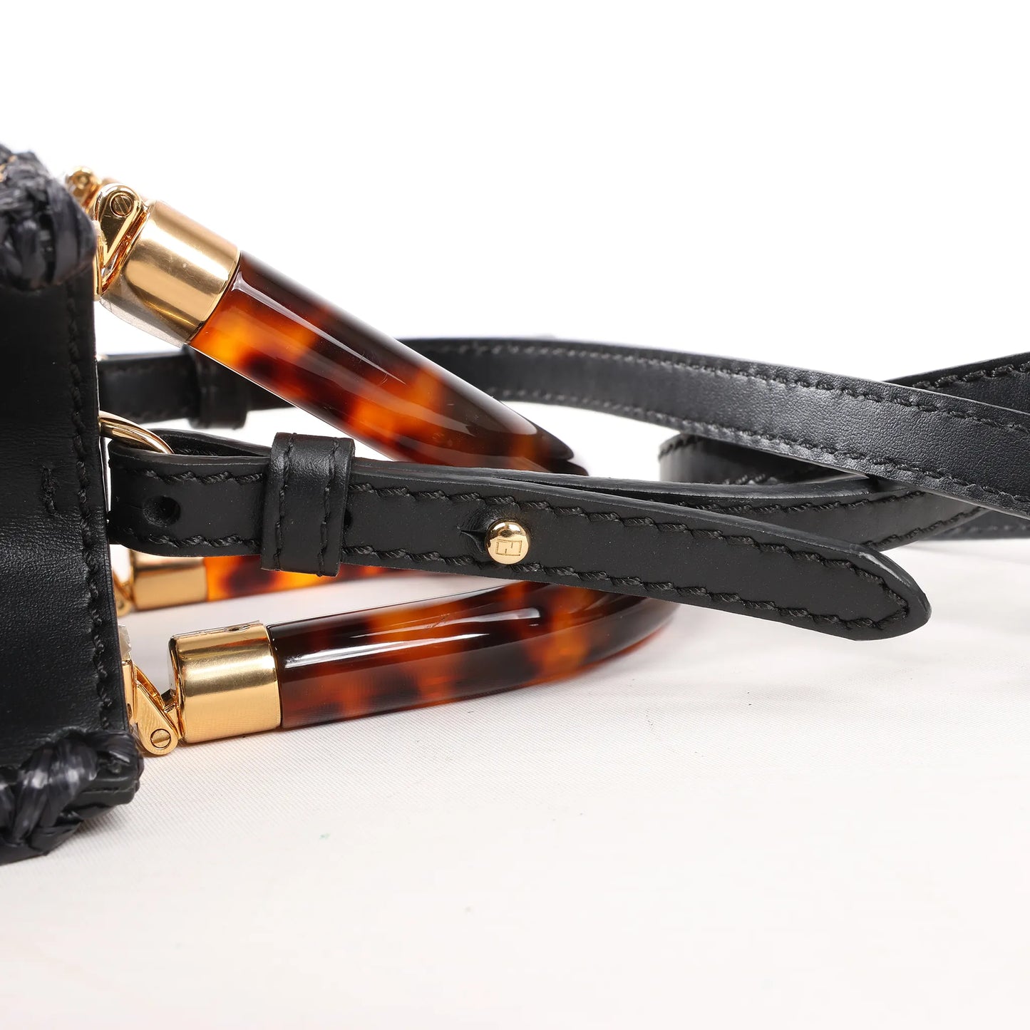 Fendi Mon Sunshine Shopper Zucchino Small Raffia x Leather 2Way Handbag in Black x Beige 8BS051