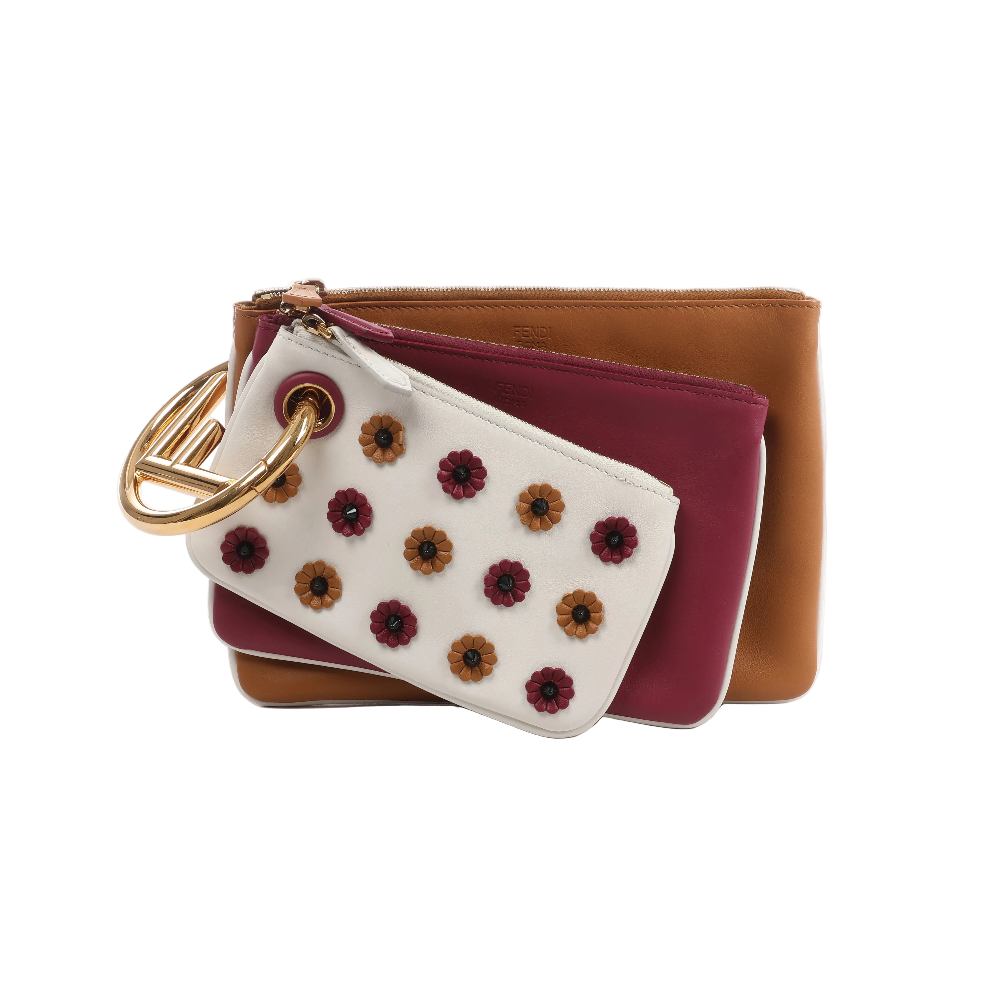 Fendi Triplet leather clutch with brown and burgundy pouches, ivory front pouch with floral studs, and large gold-tone ring hardware.