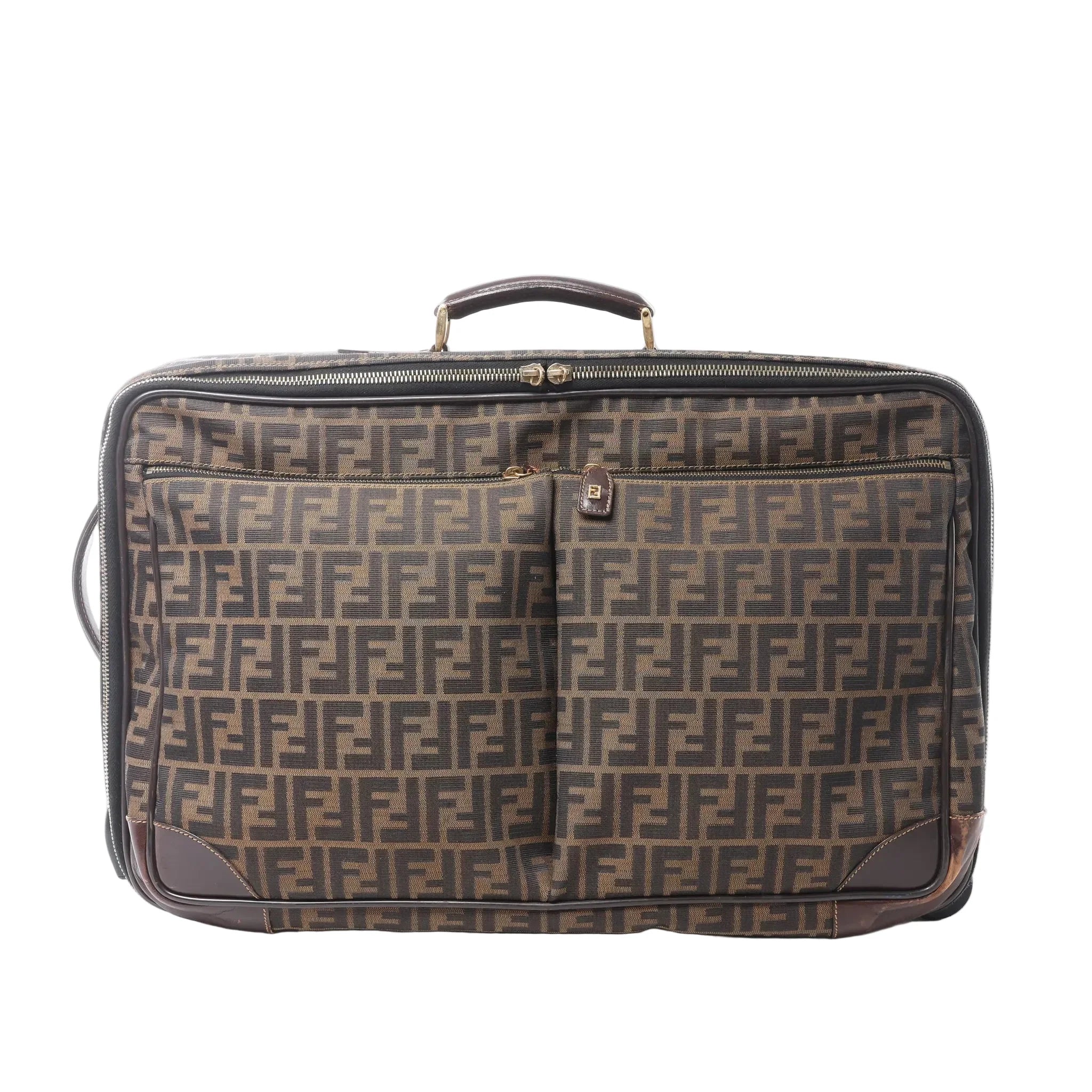 Fendi Zucca travel bag in brown FF monogram canvas with dark brown leather trim, dual front zip pockets, top handle and zip-around closure.