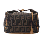 Fendi brown Zucca canvas handbag with black FF monogram pattern, tan leather piping, gold-tone hardware and a hanging leather detail.