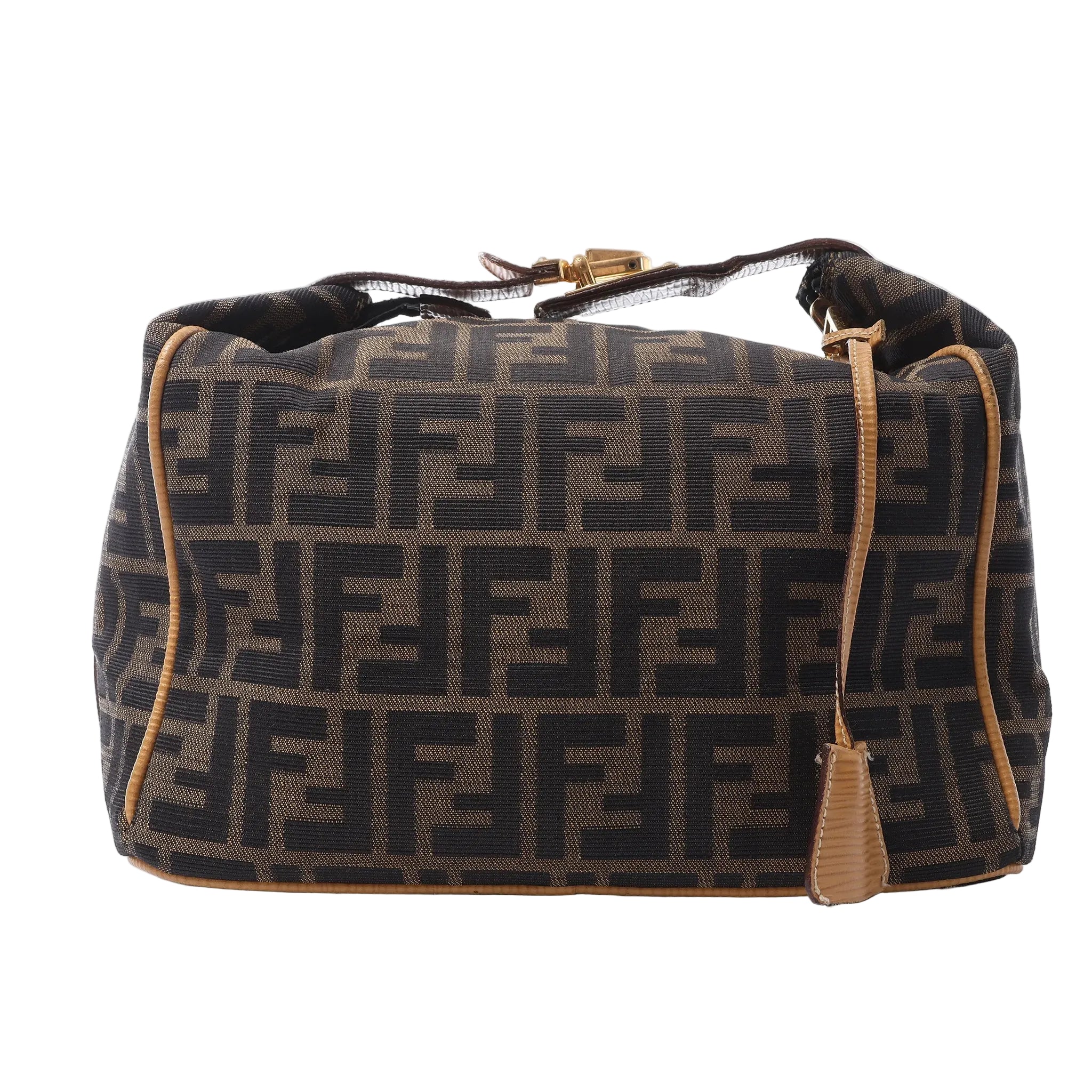 Fendi brown Zucca canvas handbag with black FF monogram pattern, tan leather piping, gold-tone hardware and a hanging leather detail.