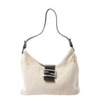 Fendi Mamma Baguette shoulder bag in beige Zucca canvas with dark brown leather trim, slim adjustable strap and silver-tone FF buckle.