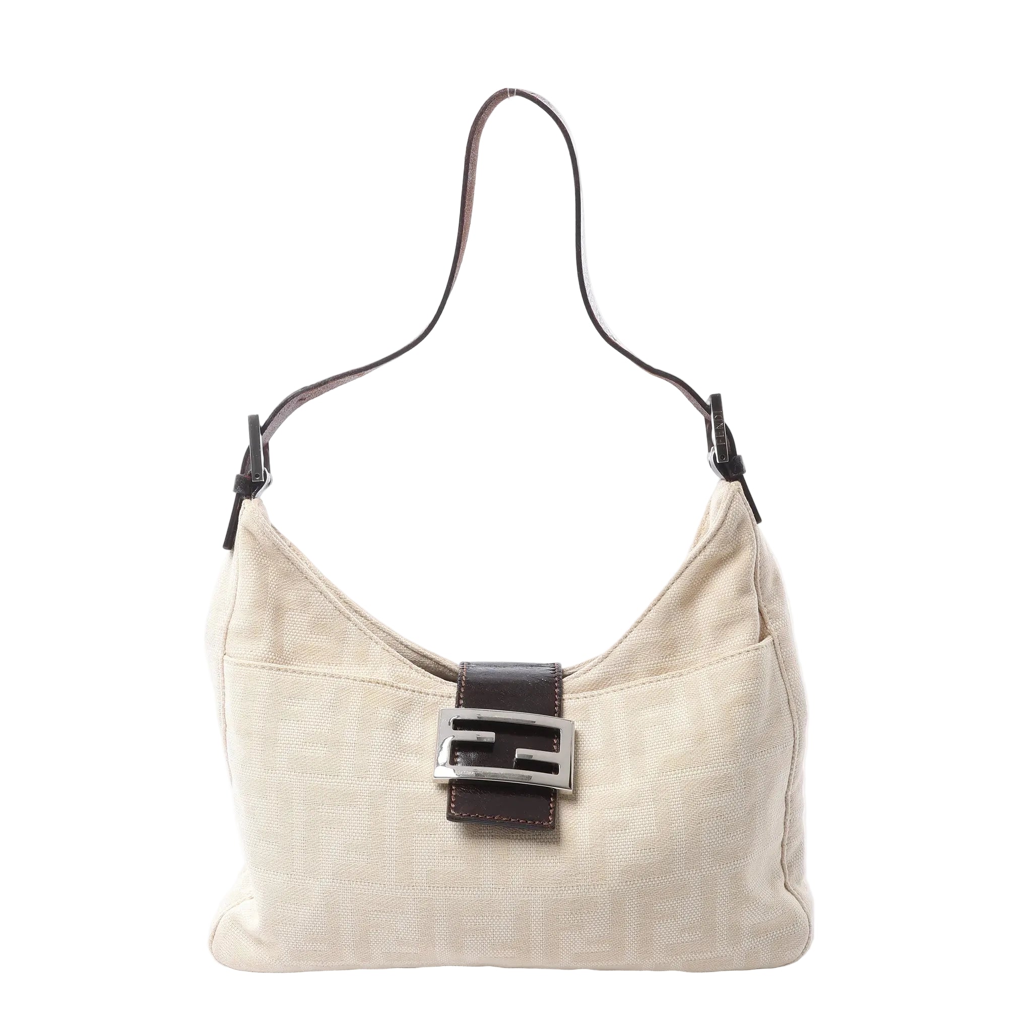Fendi Mamma Baguette shoulder bag in beige Zucca canvas with dark brown leather trim, slim adjustable strap and silver-tone FF buckle.