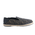 Fendi brown and black FF monogram fabric espadrille with black leather heel panel and woven rope sole on a white background.