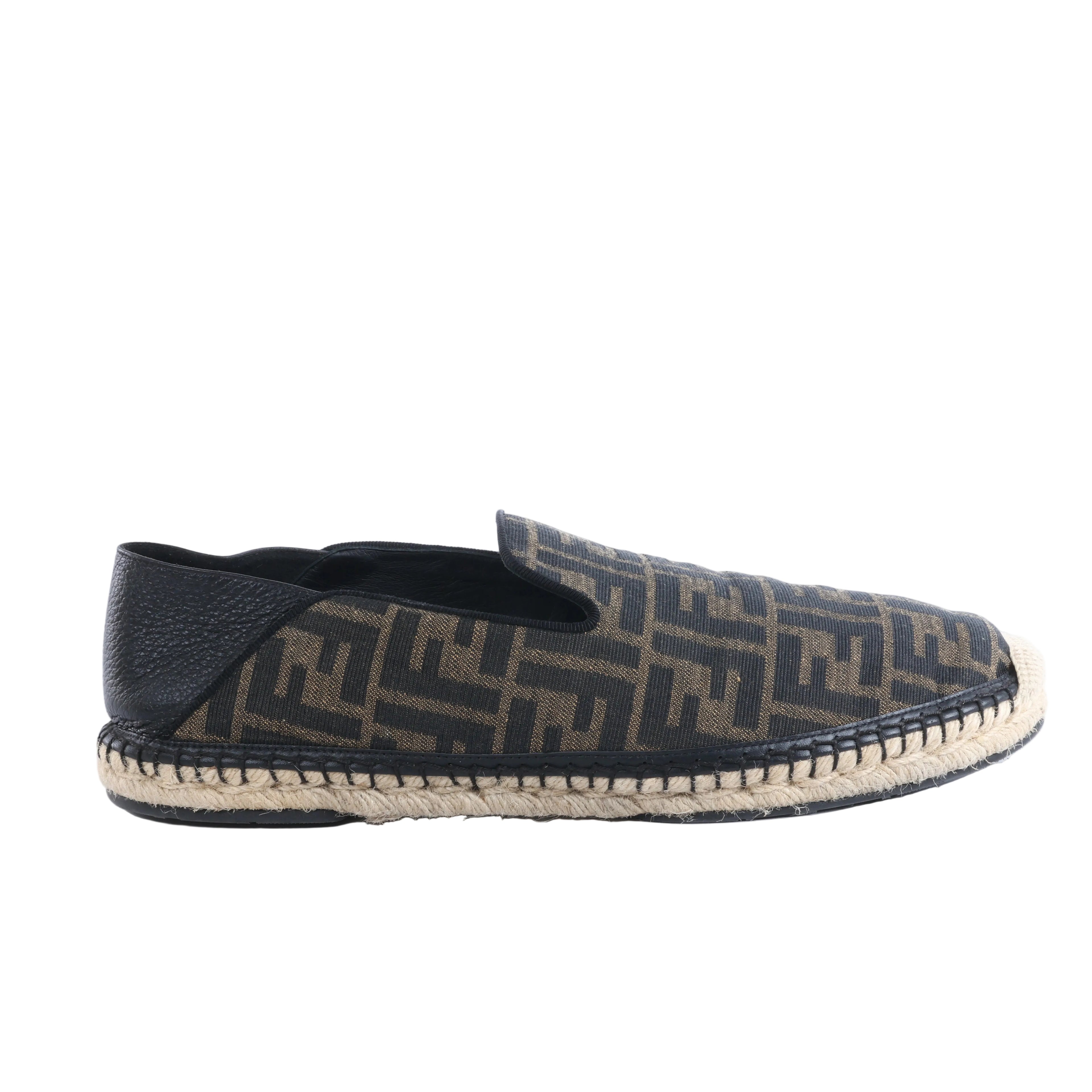 Fendi brown and black FF monogram fabric espadrille with black leather heel panel and woven rope sole on a white background.