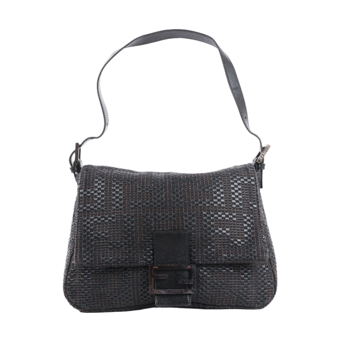 Black woven handbag on a white background