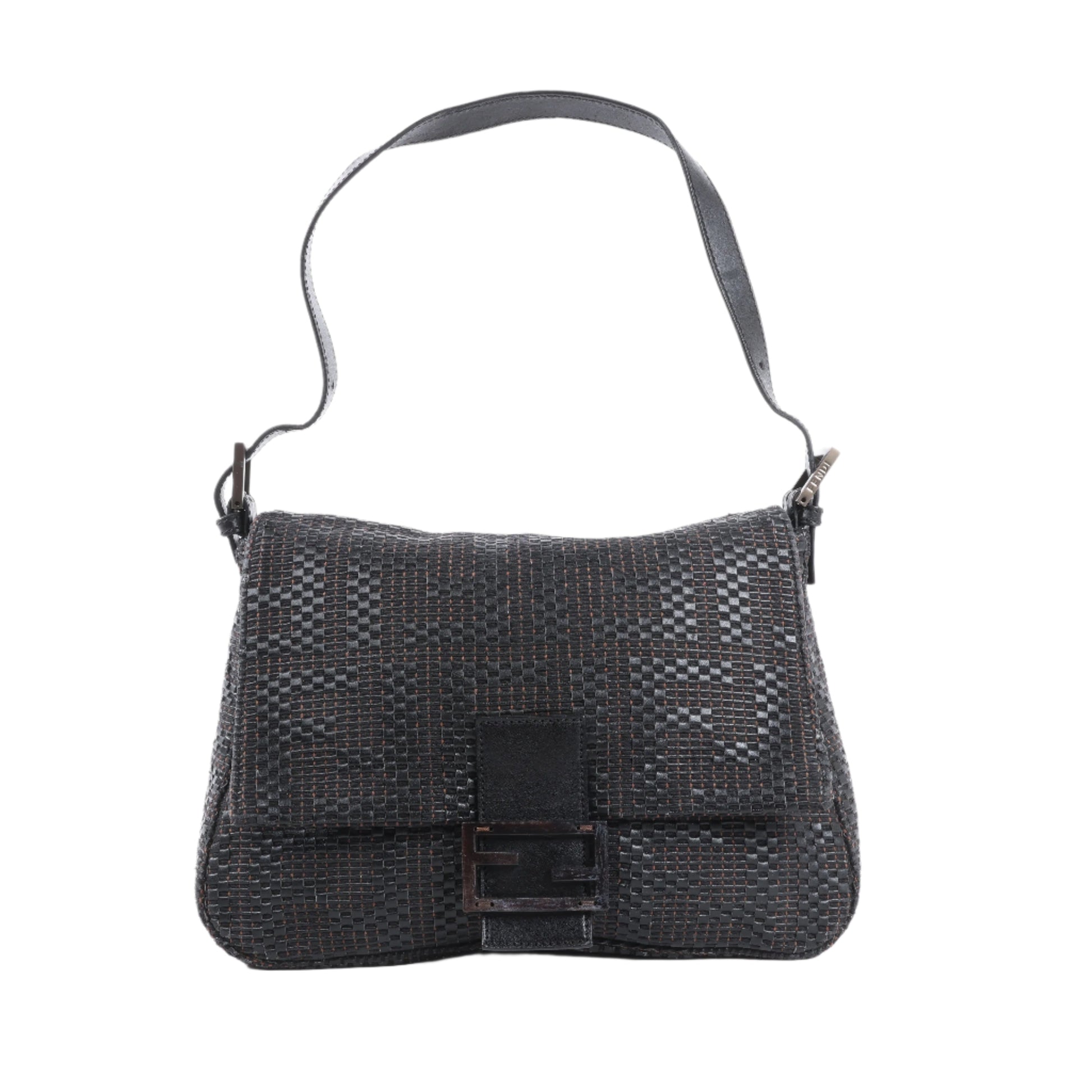Black woven handbag on a white background