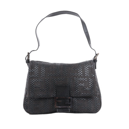 Black woven handbag on a white background