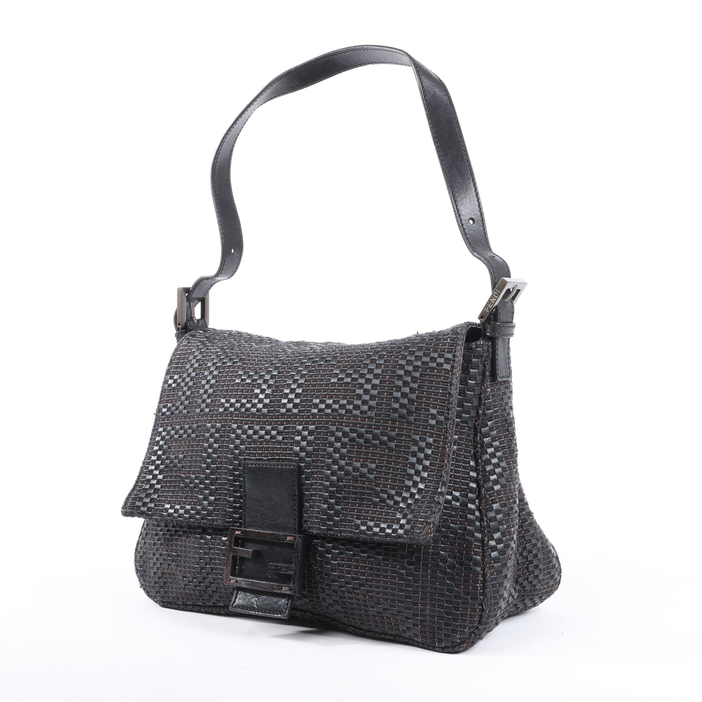 FENDI Zucchino Mamma Baguette Leather Shoulder bag in Black 8BR001