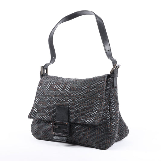 FENDI Zucchino Mamma Baguette Leather Shoulder bag in Black 8BR001